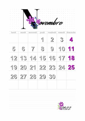 Calendier novembre 2022 en orientation portrait : calendrier vierge mensuel au format PDF avec lettre florale.