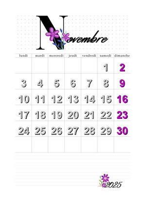 Calendrier imprimable de novembre 2025