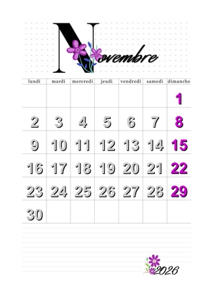 calendrier du mois de novembre 2026 imprimable