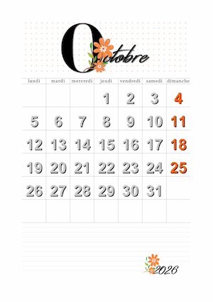 calendrier du mois d'octobre 2026 imprimable