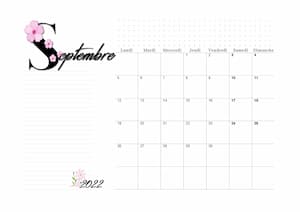 Calendrier du Mois de septembre 2022 en orientation paysage : calendrier vierge mensuel au format PDF avec lettre florale.