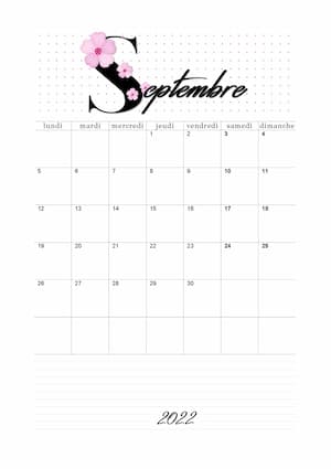 Septembre 2022 Calendrier imprimable au format A4