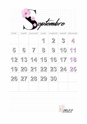 Calendier septembre 2022 en orientation portrait : calendrier vierge mensuel au format PDF avec lettre florale.