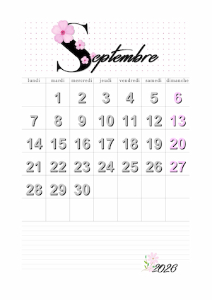 Calendrier du mois de septembre 2026 imprimable