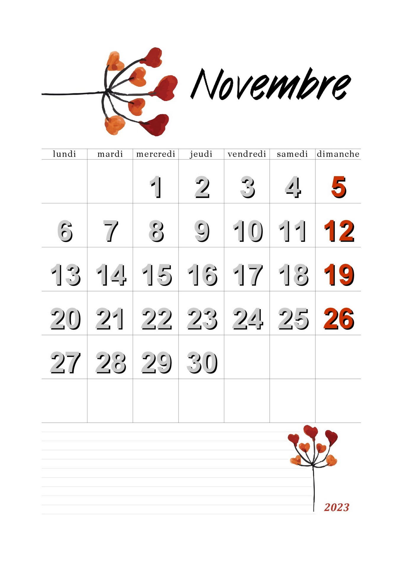 Calendrier Mensuel Novembre 2022 à Imprimer Calendrier Novembre 2023 à imprimer au format PDF