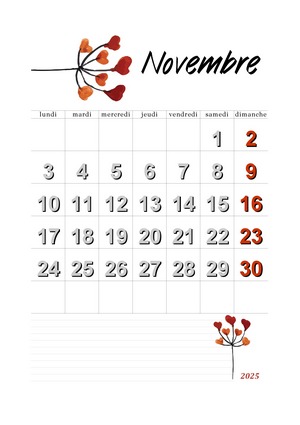 Calendrier de novembre 2025 à imprimer