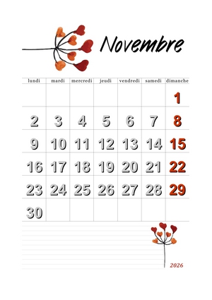 calendrier du mois de novembre 2026