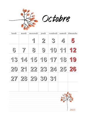 Calendrier de octobre 2025 à imprimer
