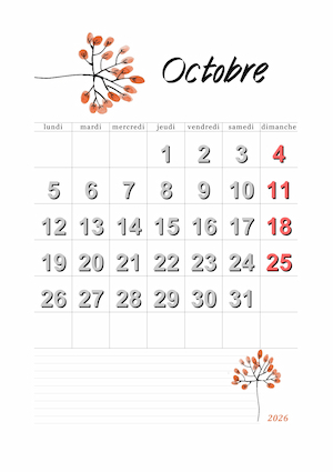 calendrier du mois d'octobre 2026