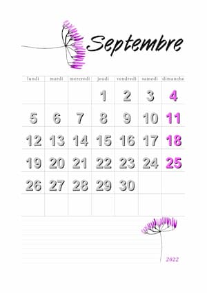 Septembre 2022 Calendrier du mois au format portrait A4.