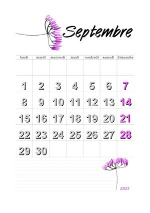 Calendrier de septembre 2025 à imprimer