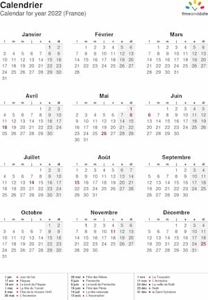 calendrier annuel de 2022 à imprimer au format pdf a4