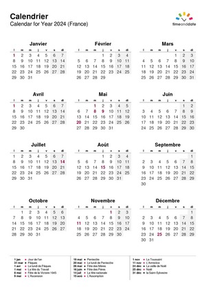 Calendrier annuel du 1er et 2ème semestre 2024 à imprimer en mode portrait
