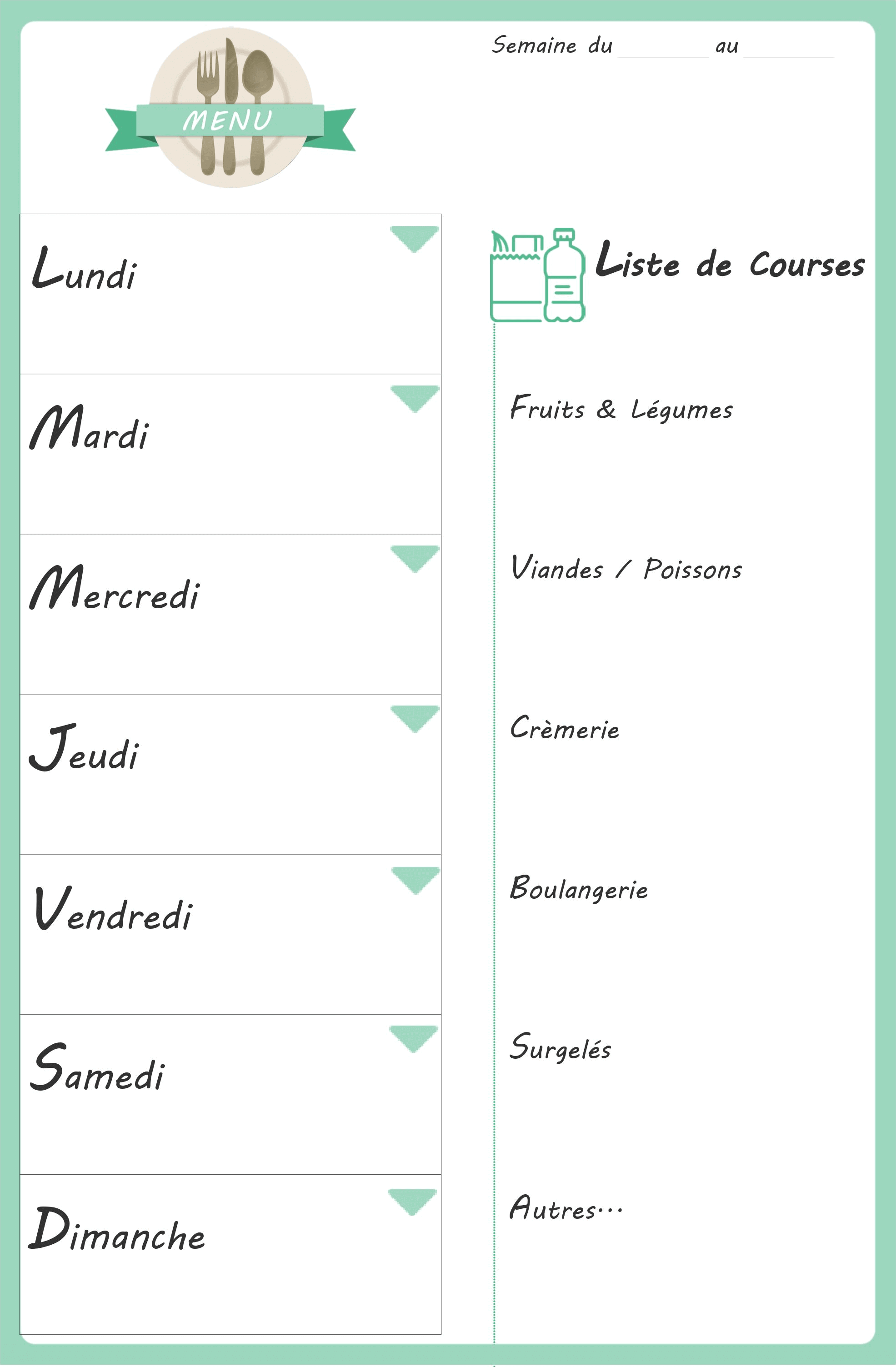 Planning Des Menus Pour La Semaine Gratuit Imprimer Plannings PDF 
