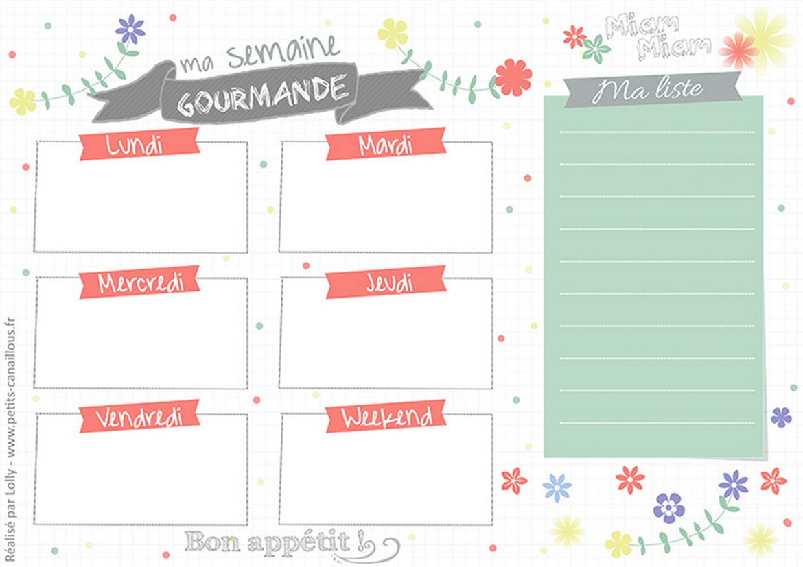 Planning Des Menus Pour La Semaine Gratuit Imprimer Plannings PDF 