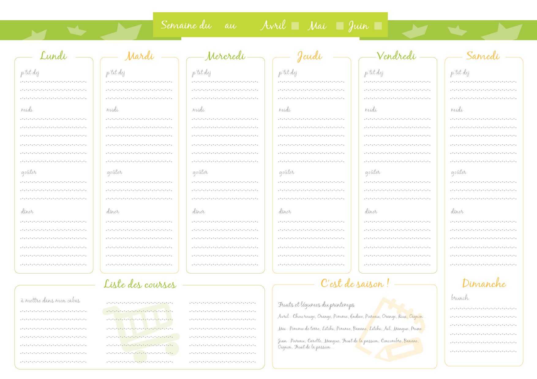 Planning Des Menus Pour La Semaine Gratuit Imprimer Plannings PDF 