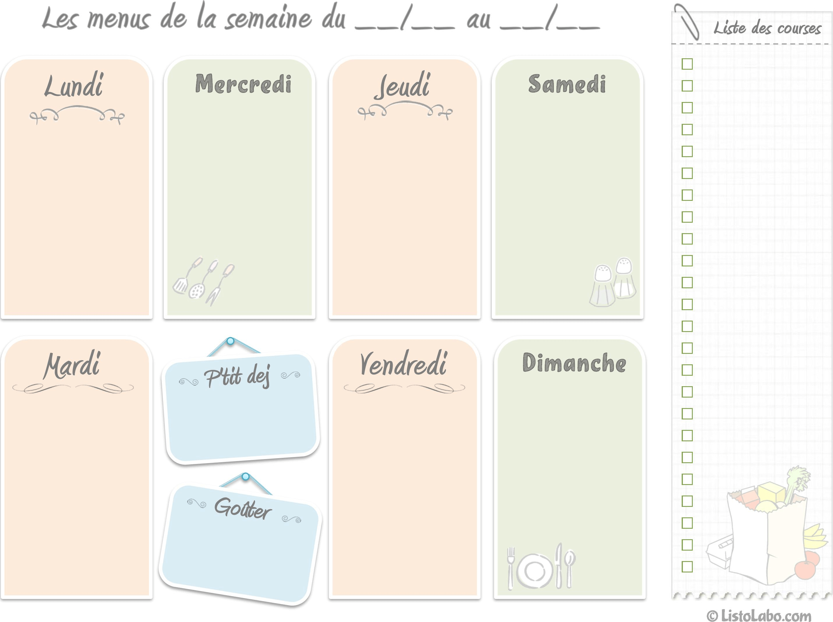Menus De La Semaine Imprimer Plannings PDF Vierges Gratuits