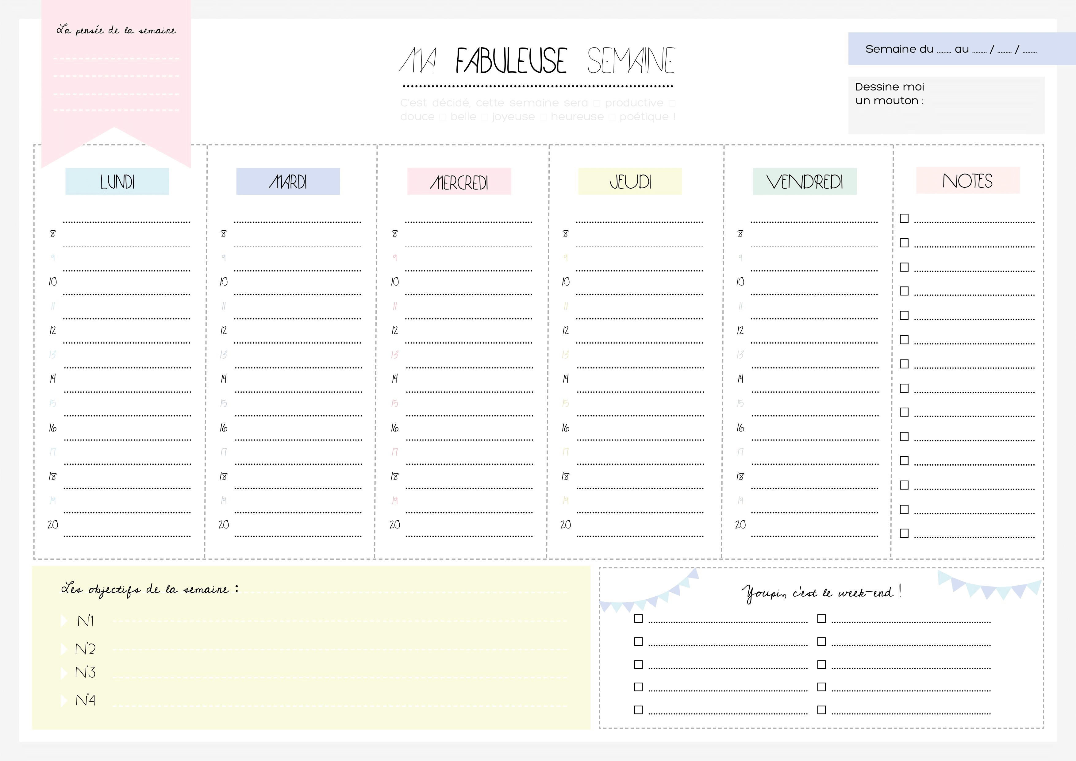Planning Hebdomadaire Gratuit Imprimer Plannings PDF vierges Au 